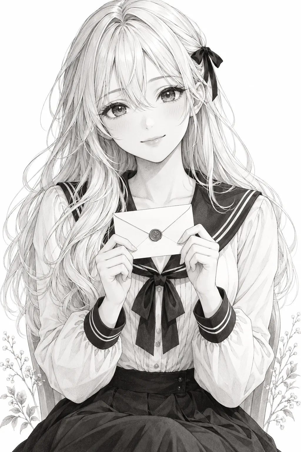 白发少女捧着一封信，黑白漫画插画
